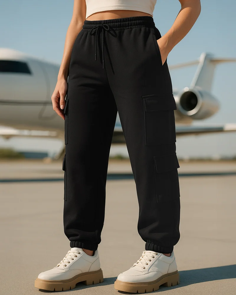 بيواكوف Women's Black Super Loose Fit Plus Size Cargo Joggers